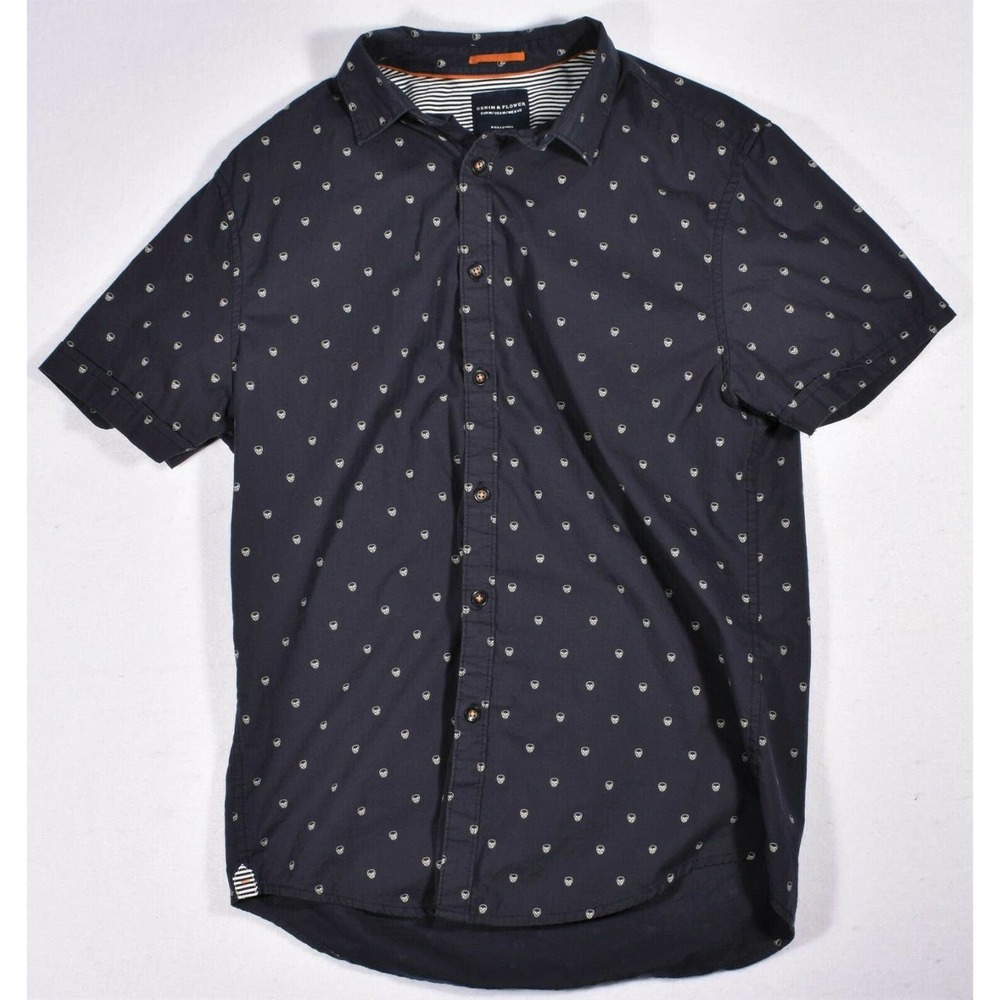 Denim and Flower Polo Shirt Men's Medium Skull Print Black Polo